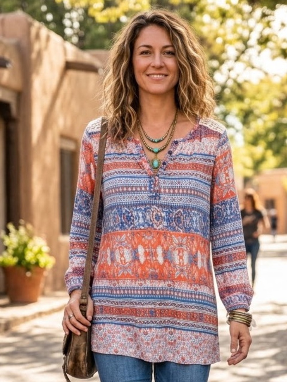 Vintage America Blues Boho Henley Tunic Top Orange Blue Tile Print Lace Shoulder